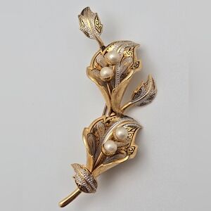 Damascene Flower Brooch Gold & Silver Leaf & Faux Pearls Vintage Pin Statement